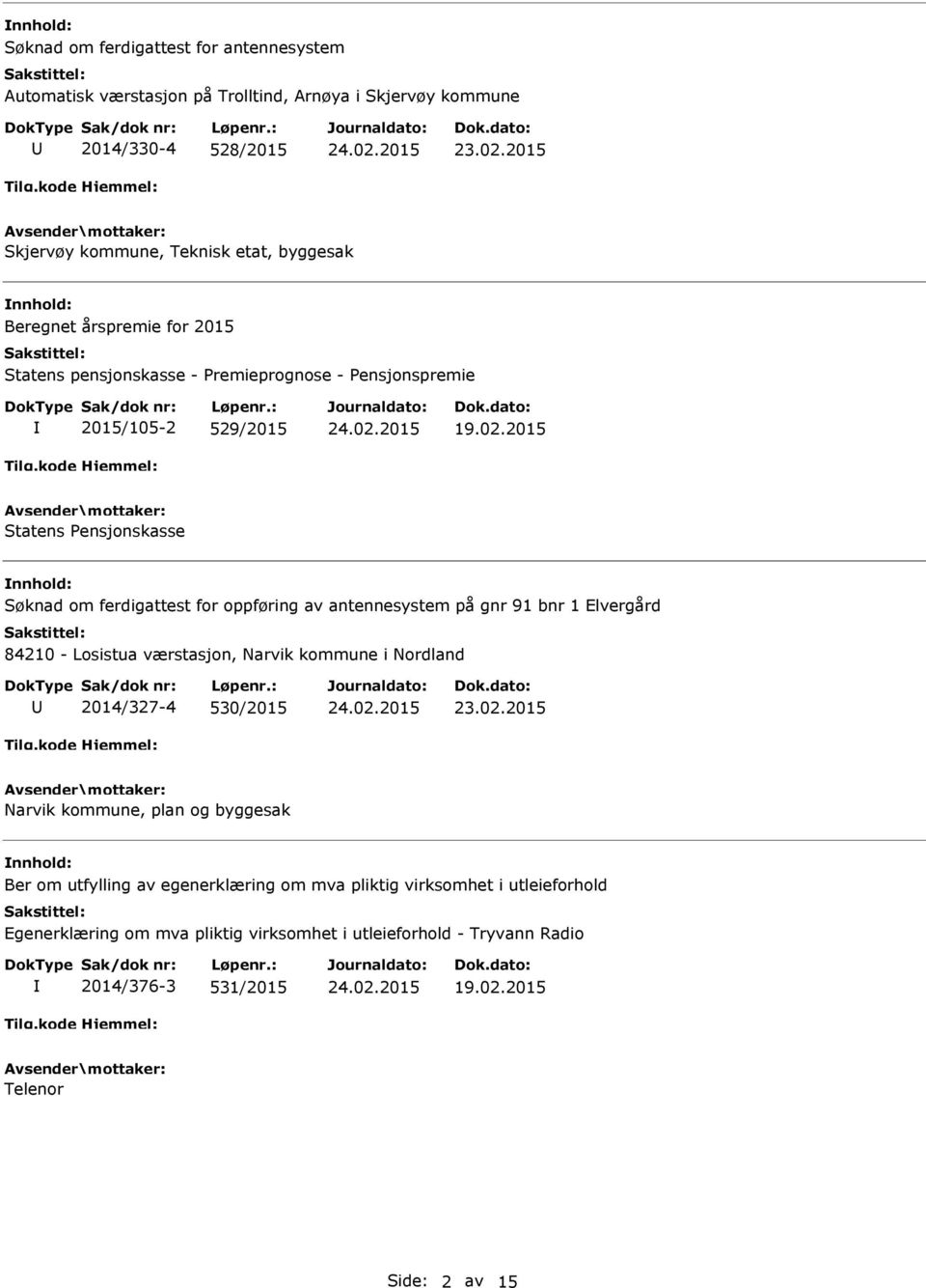 2015 Statens ensjonskasse Søknad om ferdigattest for oppføring av antennesystem på gnr 91 bnr 1 Elvergård 84210 - Losistua værstasjon, Narvik kommune i Nordland 2014/327-4