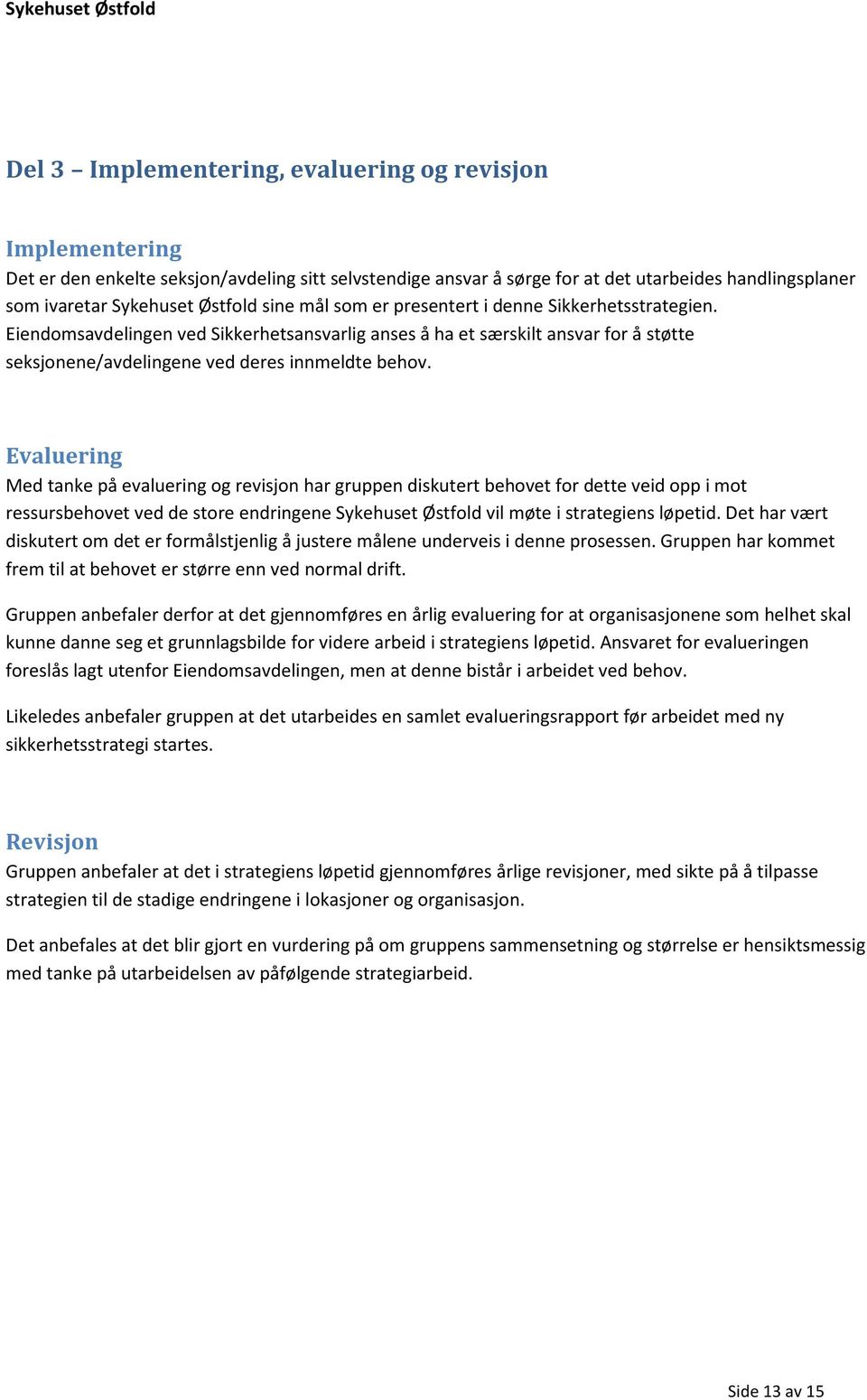 Evaluering Med tanke på evaluering og revisjon har gruppen diskutert behovet for dette veid opp i mot ressursbehovet ved de store endringene Sykehuset Østfold vil møte i strategiens løpetid.