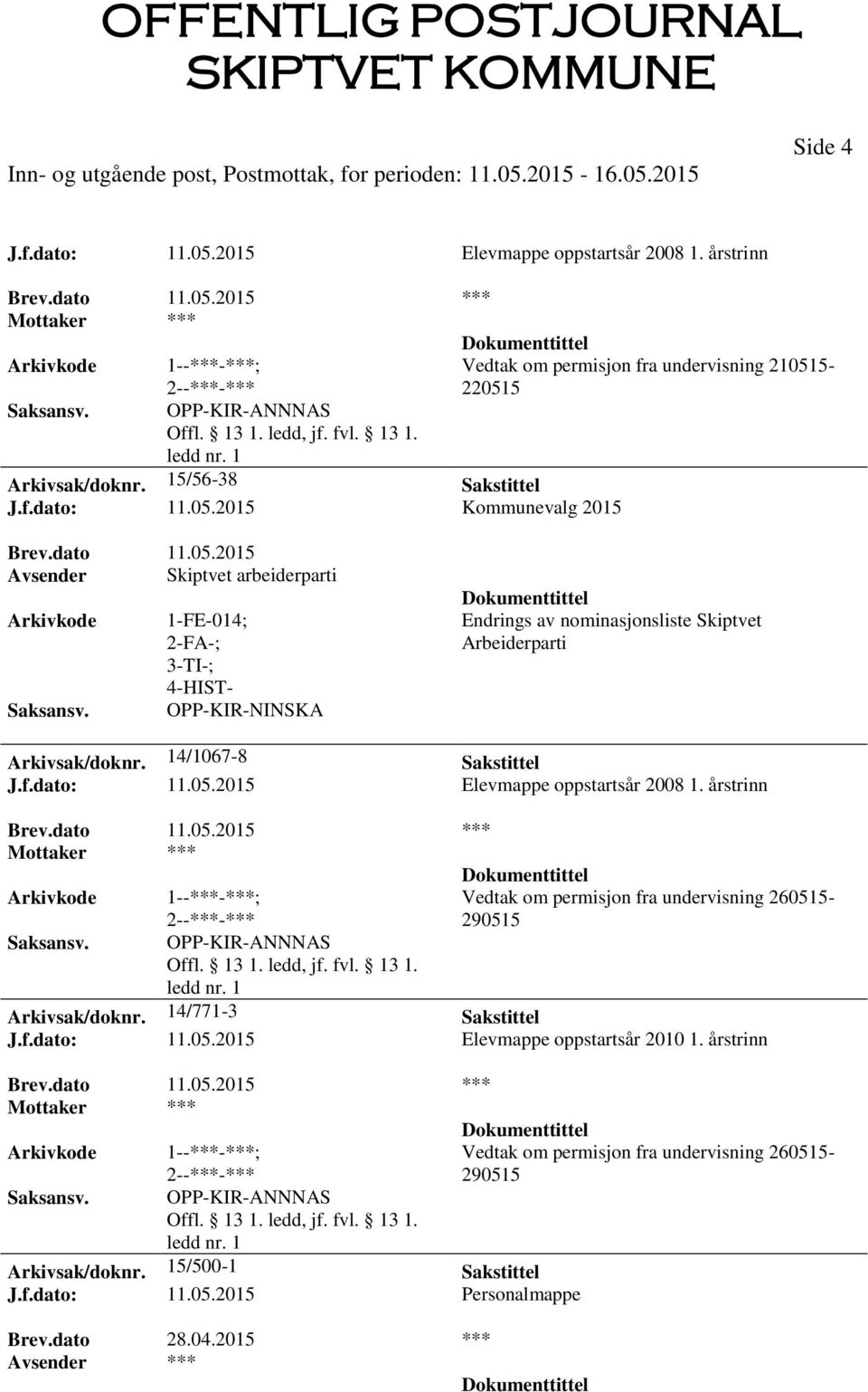 årstrinn Brev.dato 11.05.2015 *** Mottaker *** OPP-KIR-ANNNAS Vedtak om permisjon fra undervisning 260515-290515 Arkivsak/doknr. 14/771-3 Sakstittel J.f.dato: 11.05.2015 Elevmappe oppstartsår 2010 1.