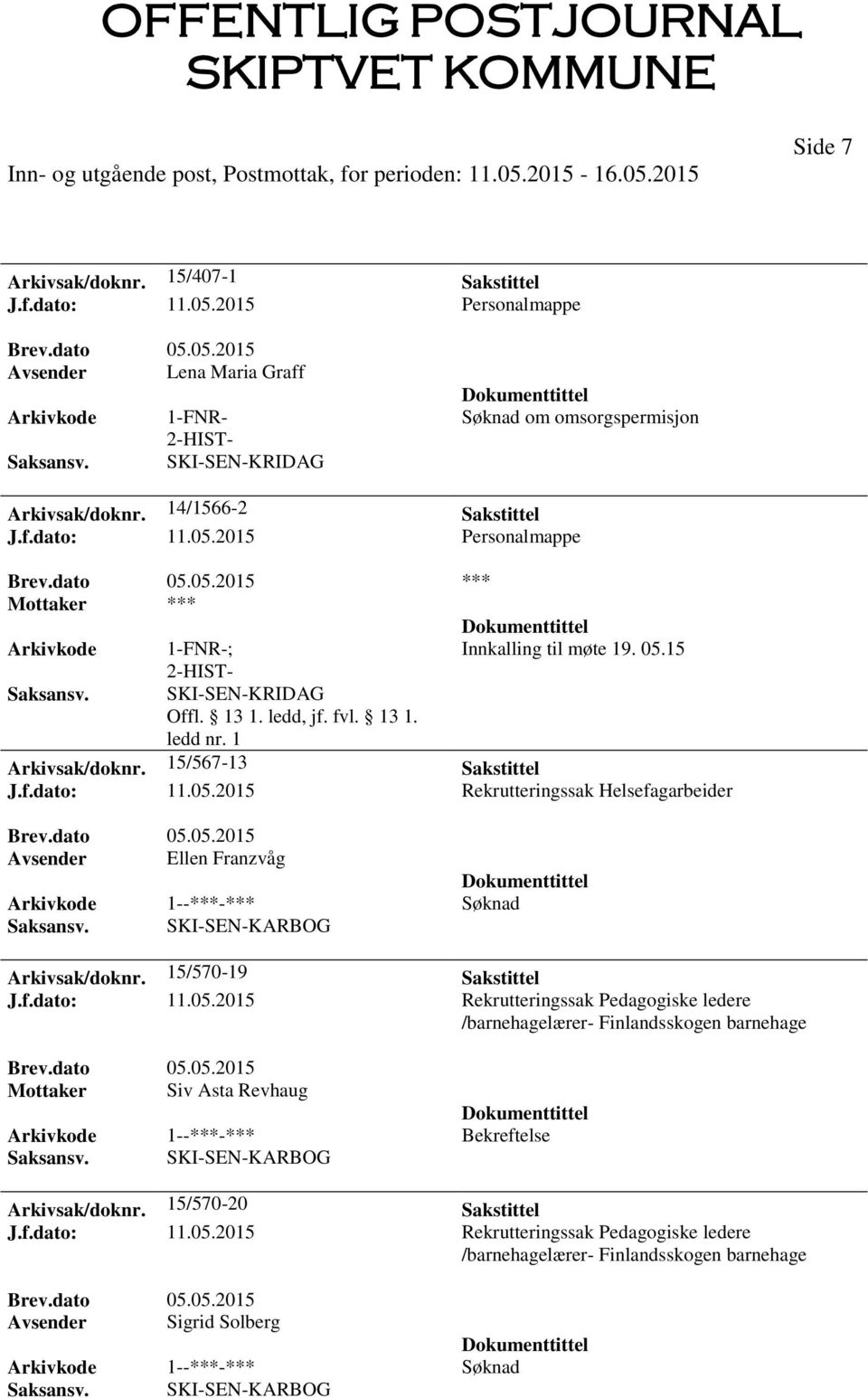 14/1566-2 Sakstittel J.f.dato: 11.05.2015 Personalmappe *** Mottaker *** 1-FNR-; Innkalling til møte 19. 05.