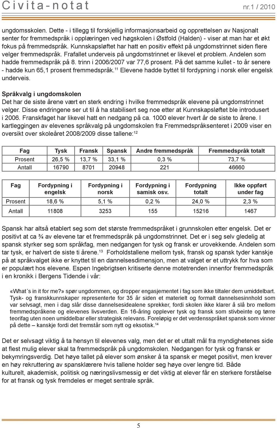 fremmedspråk. Kunnskapsløftet har hatt en positiv effekt på ungdomstrinnet siden flere velger fremmedspråk. Frafallet underveis på ungdomstrinnet er likevel et problem.