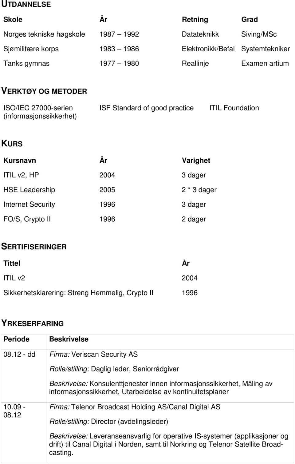 Internet Security 1996 3 dager FO/S, Crypto II 1996 2 dager SERTIFISERINGER Tittel År ITIL v2 2004 Sikkerhetsklarering: Streng Hemmelig, Crypto II 1996 YRKESERFARING Periode 08.