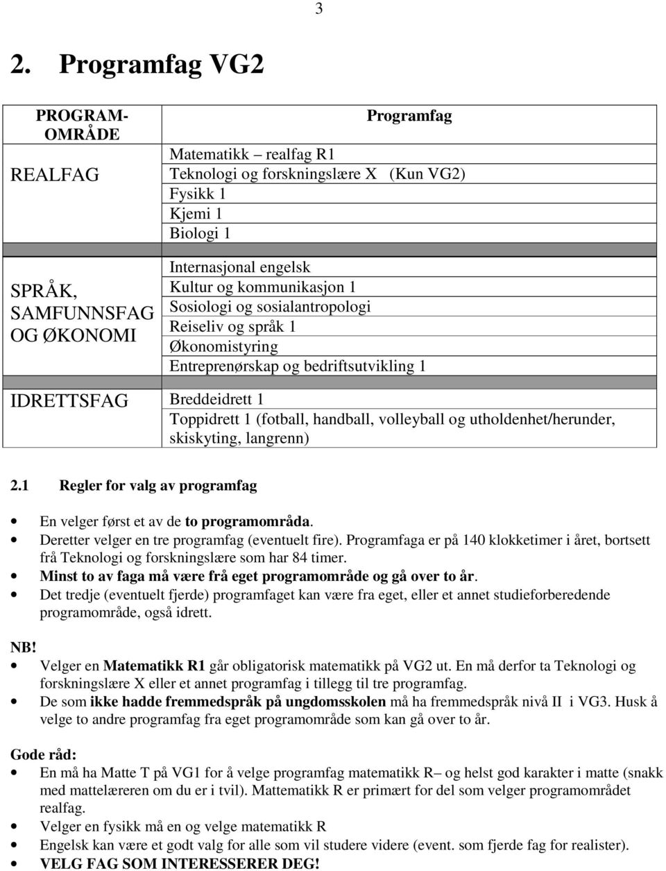 volleyball og utholdenhet/herunder, skiskyting, langrenn) 2.1 Regler for valg av programfag En velger først et av de to programområda. Deretter velger en tre programfag (eventuelt fire).