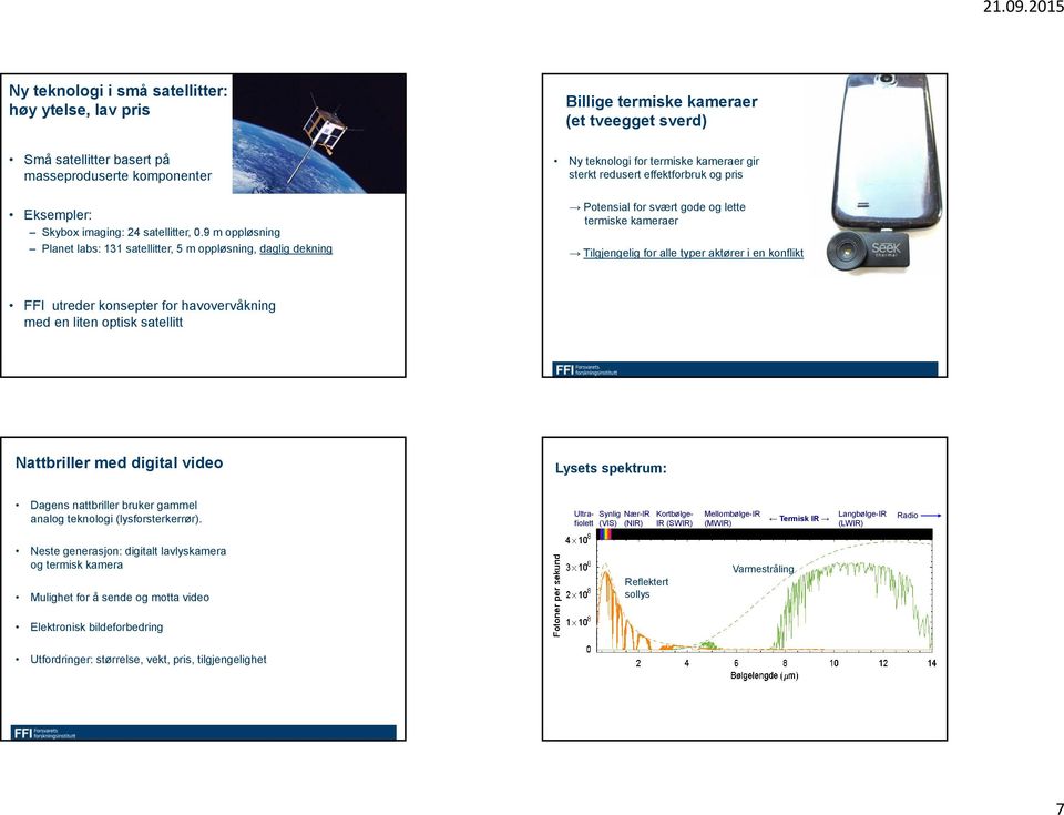 Potensial for svært gode og lette termiske kameraer Tilgjengelig for alle typer aktører i en konflikt FFI utreder konsepter for havovervåkning med en liten optisk satellitt Nattbriller med digital