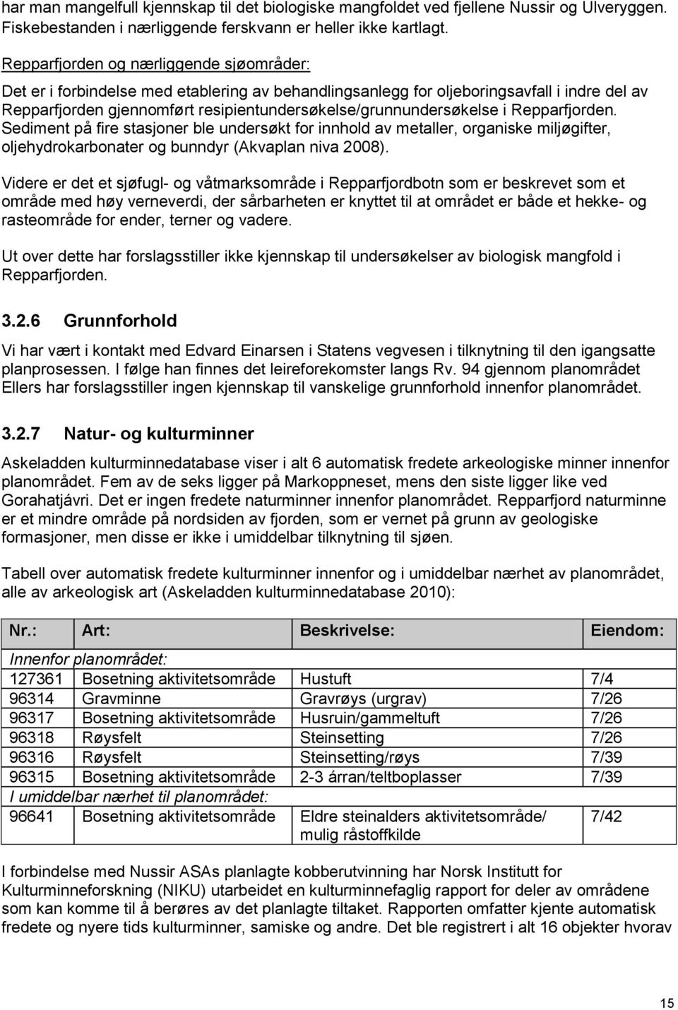 resipientundersøkelse/grunnundersøkelse i Repparfjorden. Sediment på fire stasjoner ble undersøkt for innhold av metaller, organiske miljøgifter, oljehydrokarbonater og bunndyr (Akvaplan niva 2008).