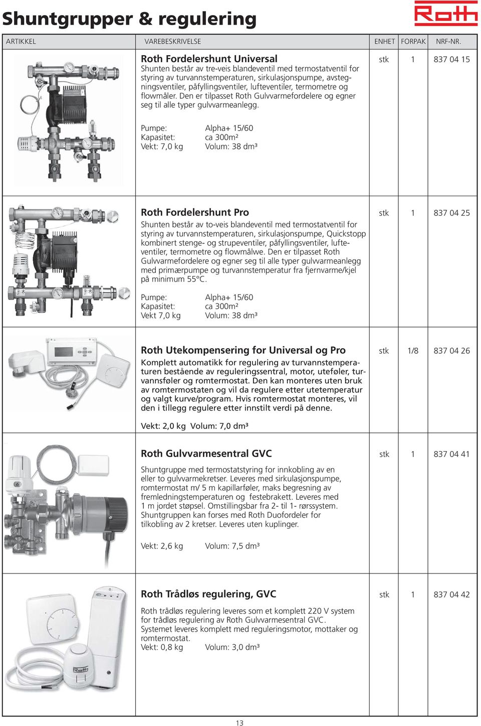 Pumpe: Alpha+ 15/60 Kapasitet: ca 300m² 7,0 kg 38 dm³ Roth Fordelershunt Pro stk 1 837 04 25 Shunten består av to-veis blandeventil med termostatventil for styring av turvannstemperaturen,