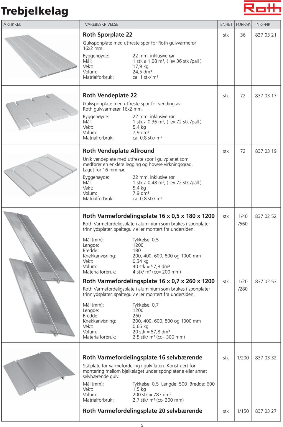 1 stk/ m² Roth Vendeplate 22 stk 72 837 03 17 Gulvsponplate med utfreste spor for vending av Roth gulvvarmerør 16x2 mm.