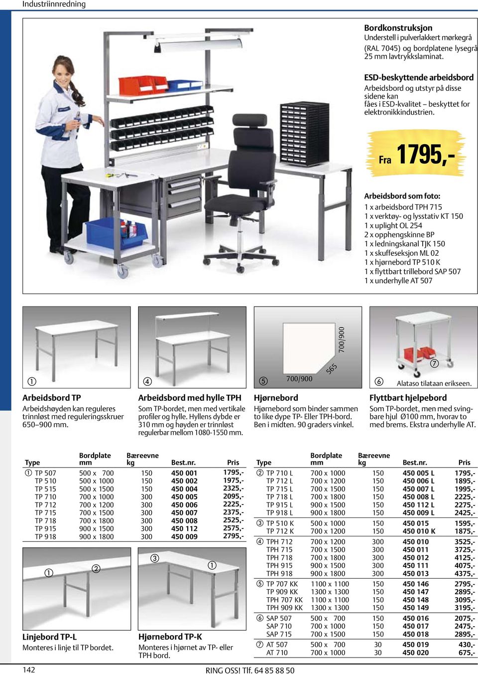 Fra 1795,- Arbeidsbord som foto: 1 x arbeidsbord TPH 715 1 x verktøy- og lysstativ KT 1 x uplight OL 254 2 x opphengskinne BP 1 x ledningskanal TJK 1 x skuffeseksjon ML 02 1 x hjørnebord TP 510 K 1 x