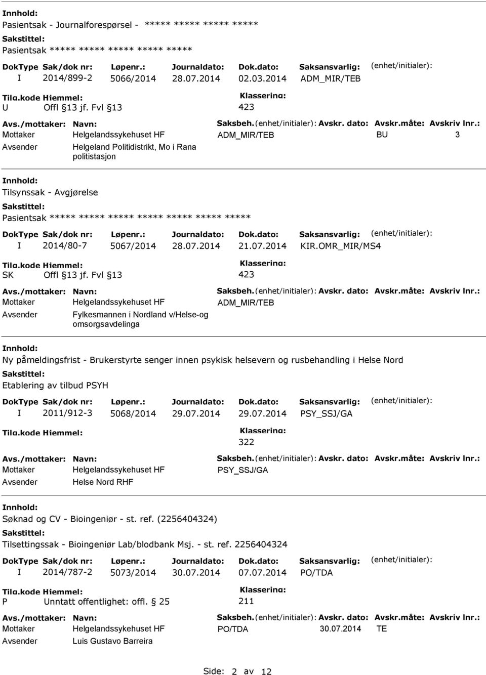 : ADM_MR/TEB B 3 Avsender Helgeland olitidistrikt, Mo i Rana politistasjon nnhold: Tilsynssak - Avgjørelse asientsak ***** ***** ***** ***** ***** ***** ***** 2014/80-7 5067/2014 21.07.2014 KR.