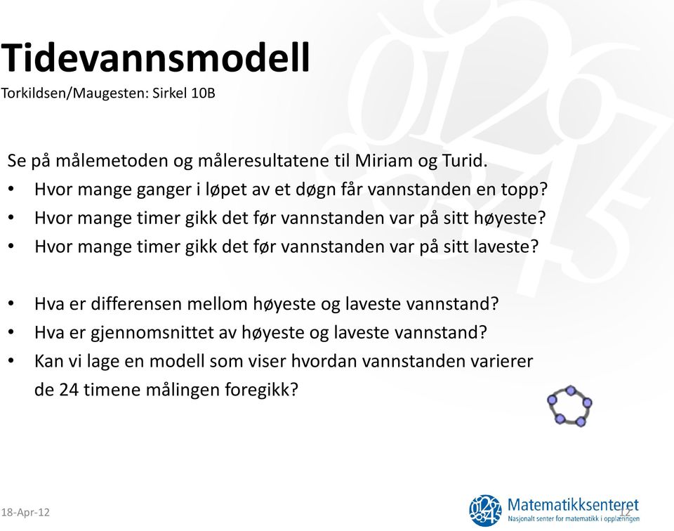 Hvor mange timer gikk det før vannstanden var på sitt laveste? Hva er differensen mellom høyeste og laveste vannstand?