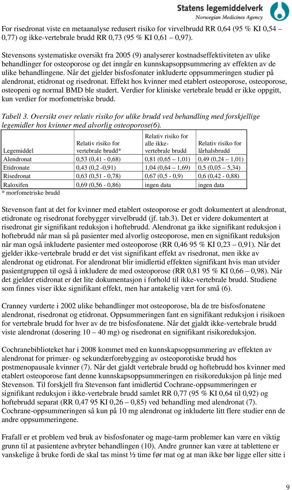 Når det gjelder bisfosfonater inkluderte oppsummeringen studier på alendronat, etidronat og risedronat. Effekt hos kvinner med etablert osteoporose, osteoporose, osteopeni og normal BMD ble studert.