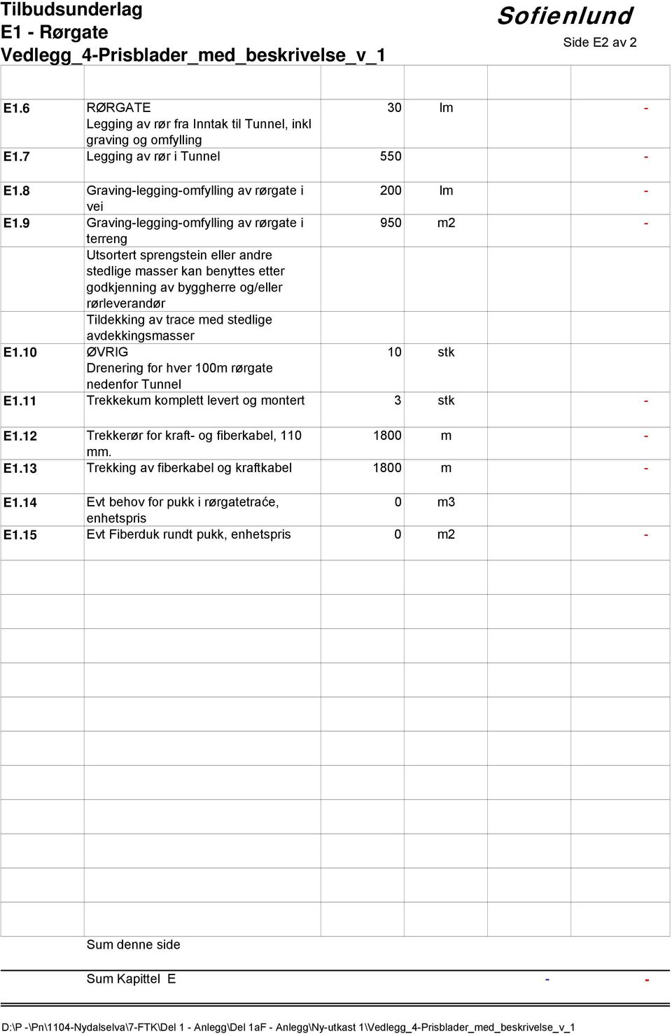 9 Gravingleggingomfylling av rørgate i 950 m2 terreng Utsortert sprengstein eller andre stedlige masser kan benyttes etter godkjenning av byggherre og/eller rørleverandør Tildekking av trace med