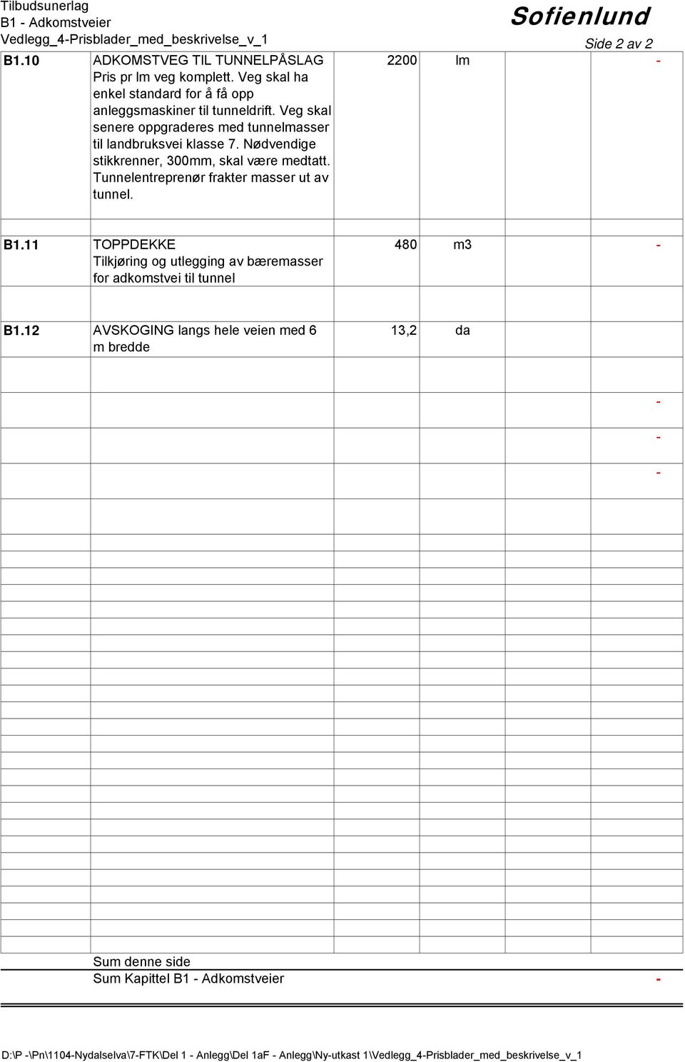 Nødvendige stikkrenner, 300mm, skal være medtatt. Tunnelentreprenør frakter masser ut av tunnel. Side 2 av 2 2200 lm B1.