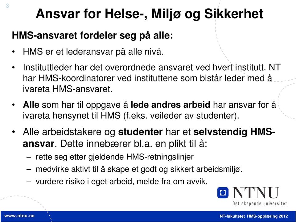 Alle som har til oppgave å lede andres arbeid har ansvar for å ivareta hensynet til HMS (f.eks. veileder av studenter).