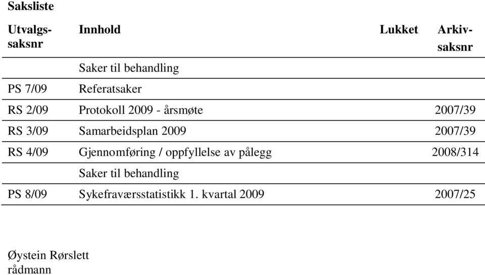 2009 2007/39 RS 4/09 Gjennomføring / oppfyllelse av pålegg 2008/314 Saker til