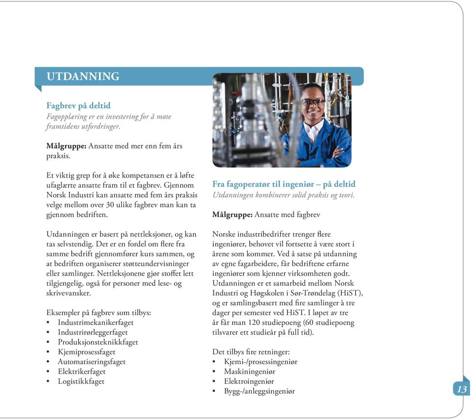 Gjennom Norsk Industri kan ansatte med fem års praksis velge mellom over 30 ulike fagbrev man kan ta gjennom bedriften. Utdanningen er basert på nettleksjoner, og kan tas selvstendig.