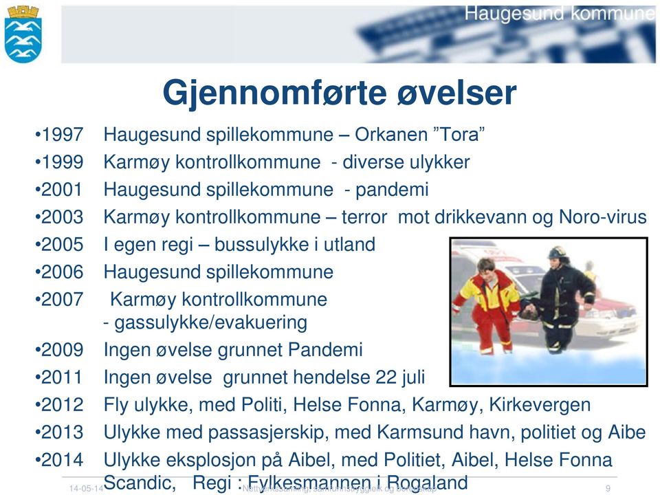 grunnet Pandemi 2011 Ingen øvelse grunnet hendelse 22 juli 2012 Fly ulykke, med Politi, Helse Fonna, Karmøy, Kirkevergen 2013 Ulykke med passasjerskip, med Karmsund havn,