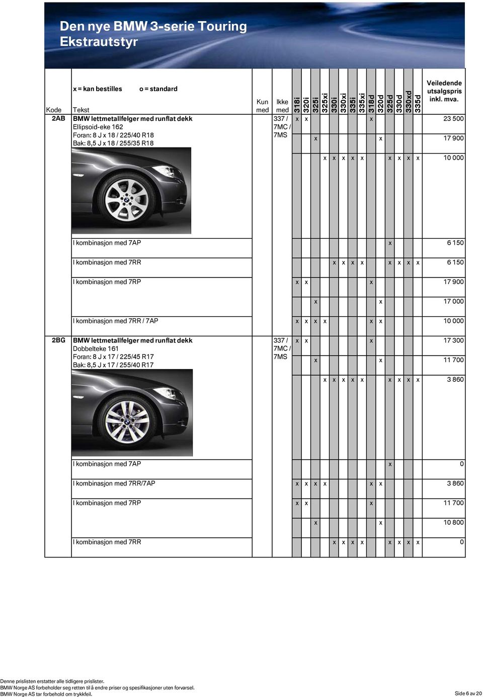 lettmetallfelger runflat dekk Dobbelteke 161 Foran: 8 J x 17 / 225/45 R17 Bak: 8,5 J x 17 / 255/40 R17 x x x 17 300 x x 11 700 x x x x x x x x x 3 860 I kombinasjon