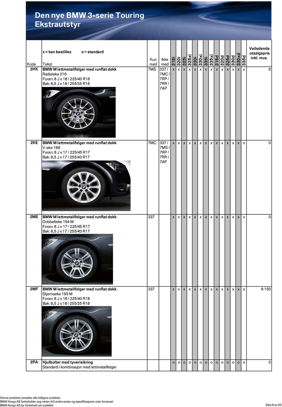 x 17 / 225/45 R17 Bak: 8,5 J x 17 / 255/40 R17 337 x x x x x x x x x x x x x x 0 2MF BMW M lettmetallfelger runflat dekk Stjerneeke 193 M Foran: 8 J x 18 / 225/40 R18 Bak: 8,5 J x 18 / 255/35