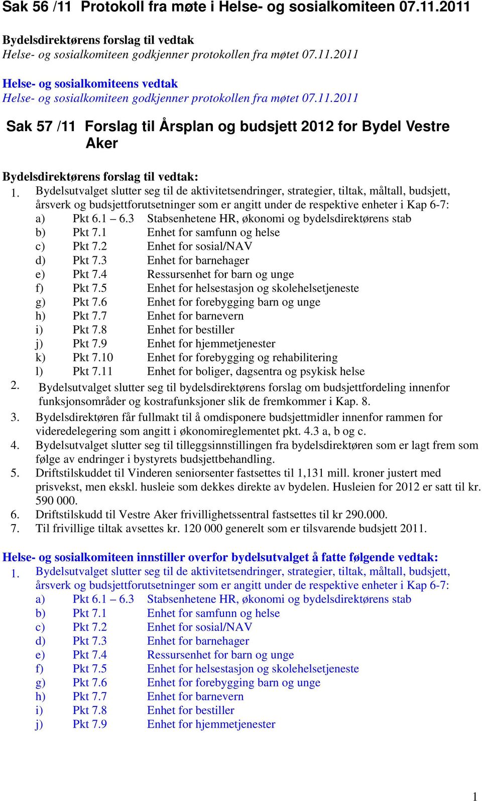 Bydelsutvalget slutter seg til de aktivitetsendringer, strategier, tiltak, måltall, budsjett, årsverk og budsjettforutsetninger som er angitt under de respektive enheter i Kap 6-7: a) Pkt 6.1 6.