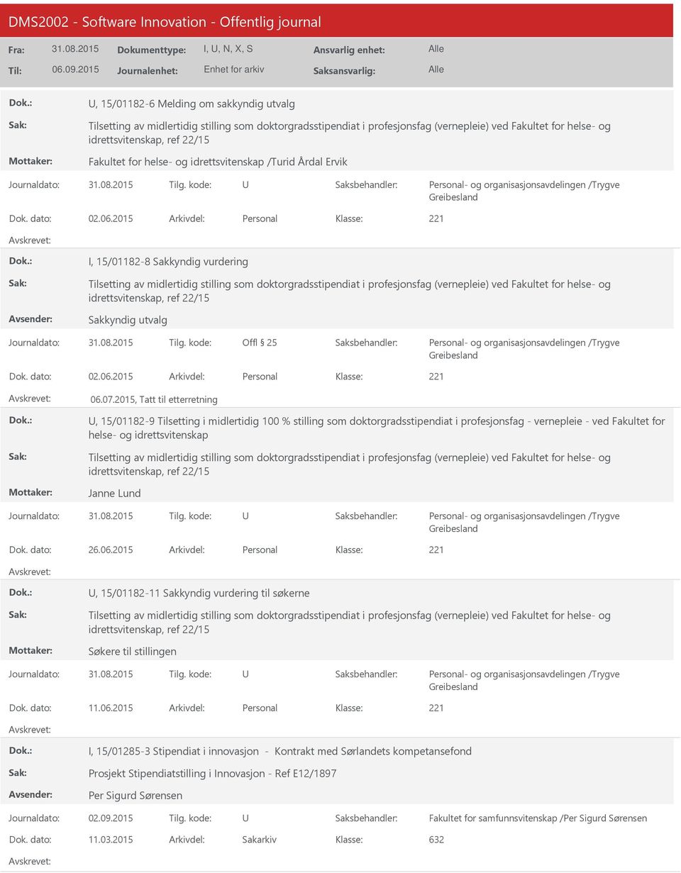 2015 Personal I, 15/01182-8 Sakkyndig vurdering Tilsetting av midlertidig stilling som doktorgradsstipendiat i profesjonsfag (vernepleie) ved Fakultet for helse- og idrettsvitenskap, ref 22/15