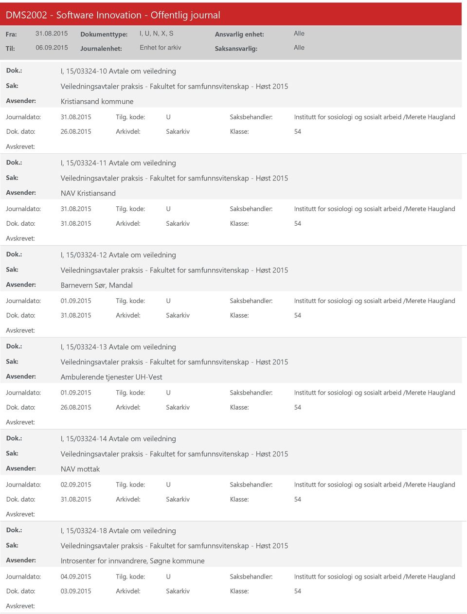 2015 54 I, 15/03324-11 Avtale om veiledning Veiledningsavtaler praksis - Fakultet for samfunnsvitenskap - Høst 2015 NAV Kristiansand Institutt for sosiologi og sosialt arbeid /Merete Haugland 54 I,