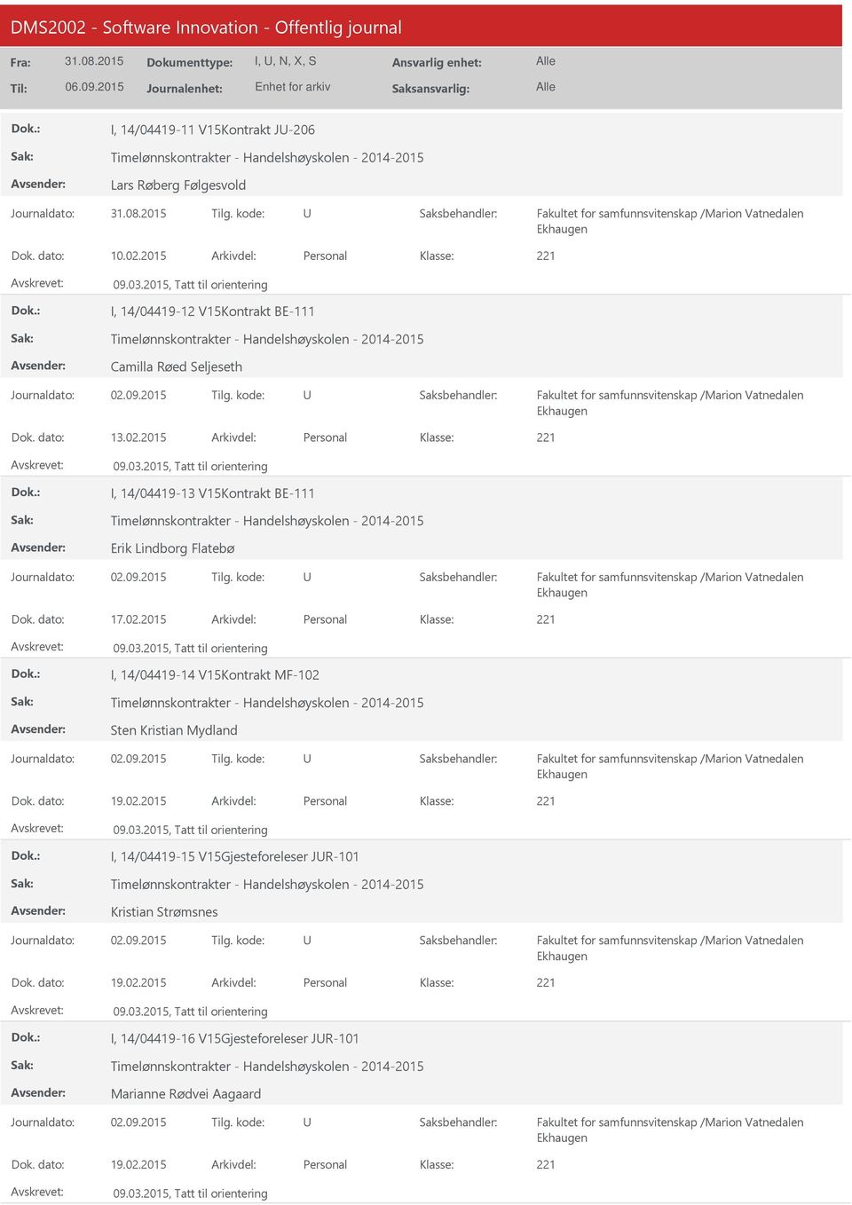 2015 Personal I, 14/04419-13 V15Kontrakt BE-111 Timelønnskontrakter - Handelshøyskolen - 2014-2015 Erik Lindborg Flatebø 17.02.