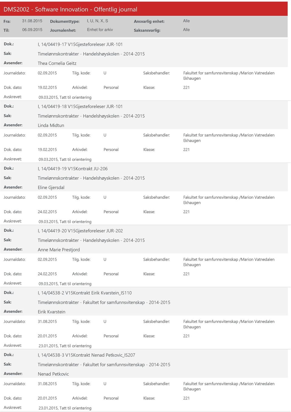 2015 Personal I, 14/04419-19 V15Kontrakt J-206 Timelønnskontrakter - Handelshøyskolen - 2014-2015 Eline Gjersdal 24.02.