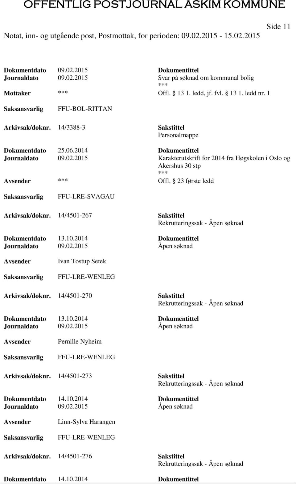 14/4501-267 Sakstittel Rekrutteringssak - Åpen søknad Dokumentdato 13.10.2014 Dokumentittel Journaldato 09.02.2015 Åpen søknad Ivan Tostup Setek FFU-LRE-WENLEG Arkivsak/doknr.