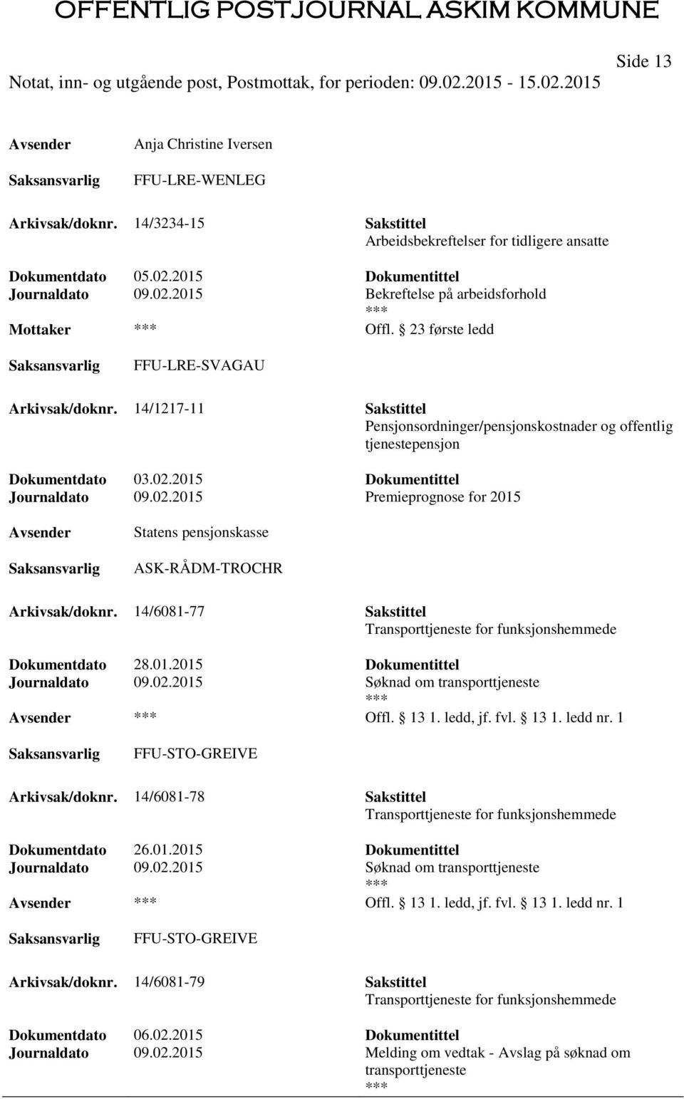 2015 Dokumentittel Journaldato 09.02.2015 Premieprognose for 2015 Statens pensjonskasse ASK-RÅDM-TROCHR Arkivsak/doknr. 14/6081-77 Sakstittel Transporttjeneste for funksjonshemmede Dokumentdato 28.01.2015 Dokumentittel Journaldato 09.02.2015 Søknad om transporttjeneste Offl.