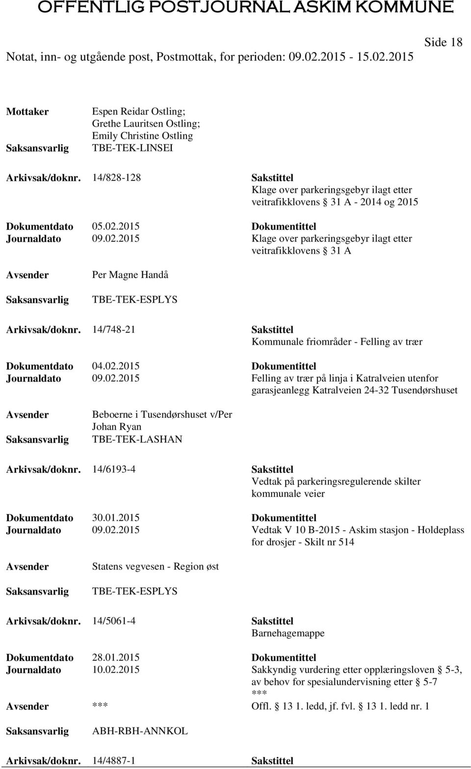 2015 Dokumentittel Journaldato 09.02.2015 Klage over parkeringsgebyr ilagt etter veitrafikklovens 31 A Per Magne Handå TBE-TEK-ESPLYS Arkivsak/doknr.