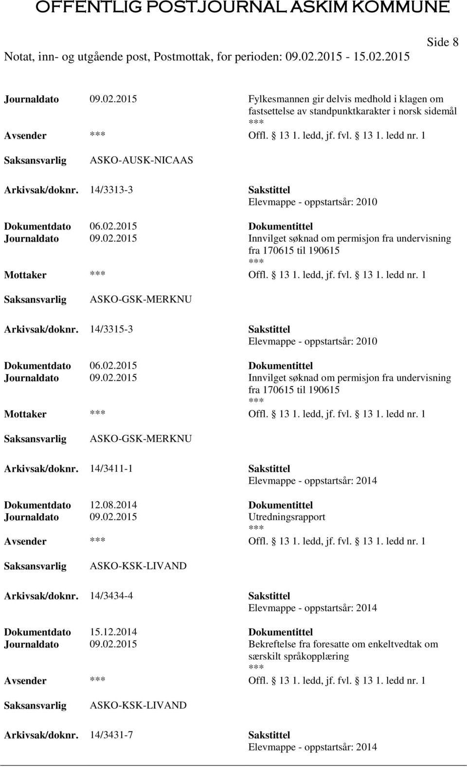 13 1. ledd, jf. fvl. 13 1. ledd nr. 1 ASKO-GSK-MERKNU Arkivsak/doknr. 14/3315-3 Sakstittel Elevmappe - oppstartsår: 2010 Dokumentdato 06.02.