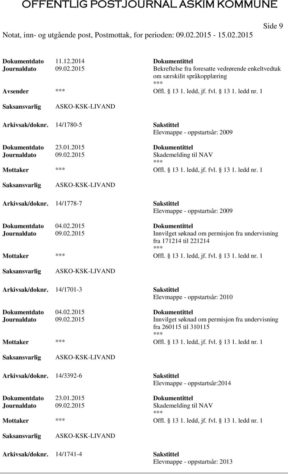 fvl. 13 1. ledd nr. 1 ASKO-KSK-LIVAND Arkivsak/doknr. 14/1778-7 Sakstittel Elevmappe - oppstartsår: 2009 Dokumentdato 04.02.