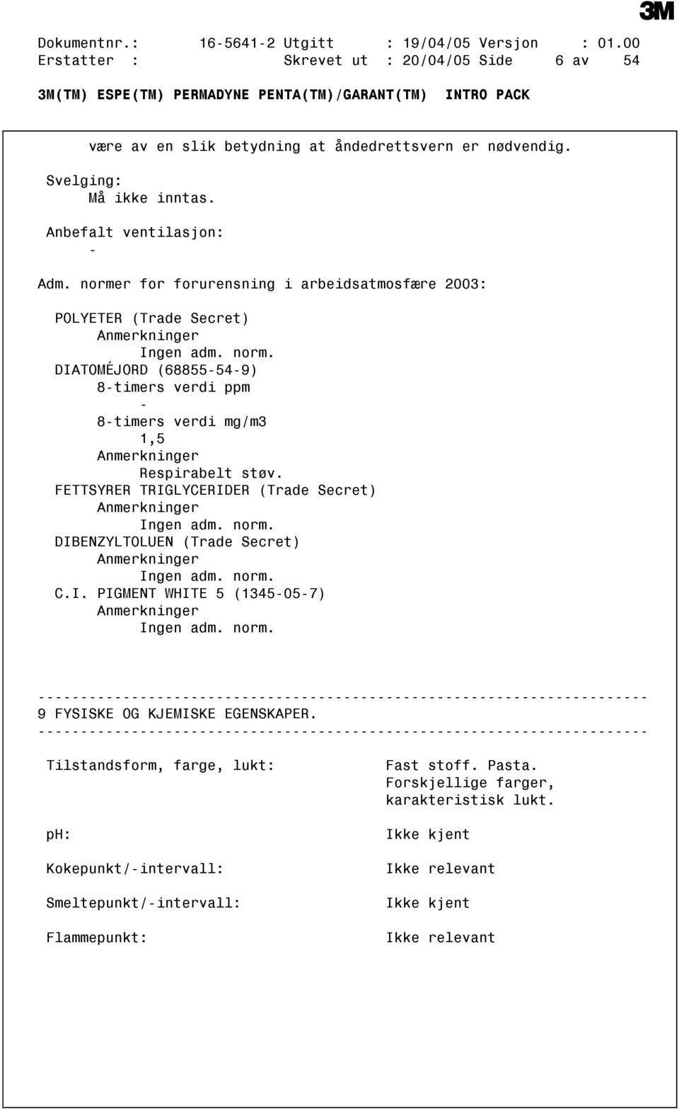 FETTSYRER TRIGLYCERIDER (Trade Secret) Anmerkninger Ingen adm. norm. DIBENZYLTOLUEN (Trade Secret) Anmerkninger Ingen adm. norm. C.I. PIGMENT WHITE 5 (1345057) Anmerkninger Ingen adm. norm. 9 FYSISKE OG KJEMISKE EGENSKAPER.