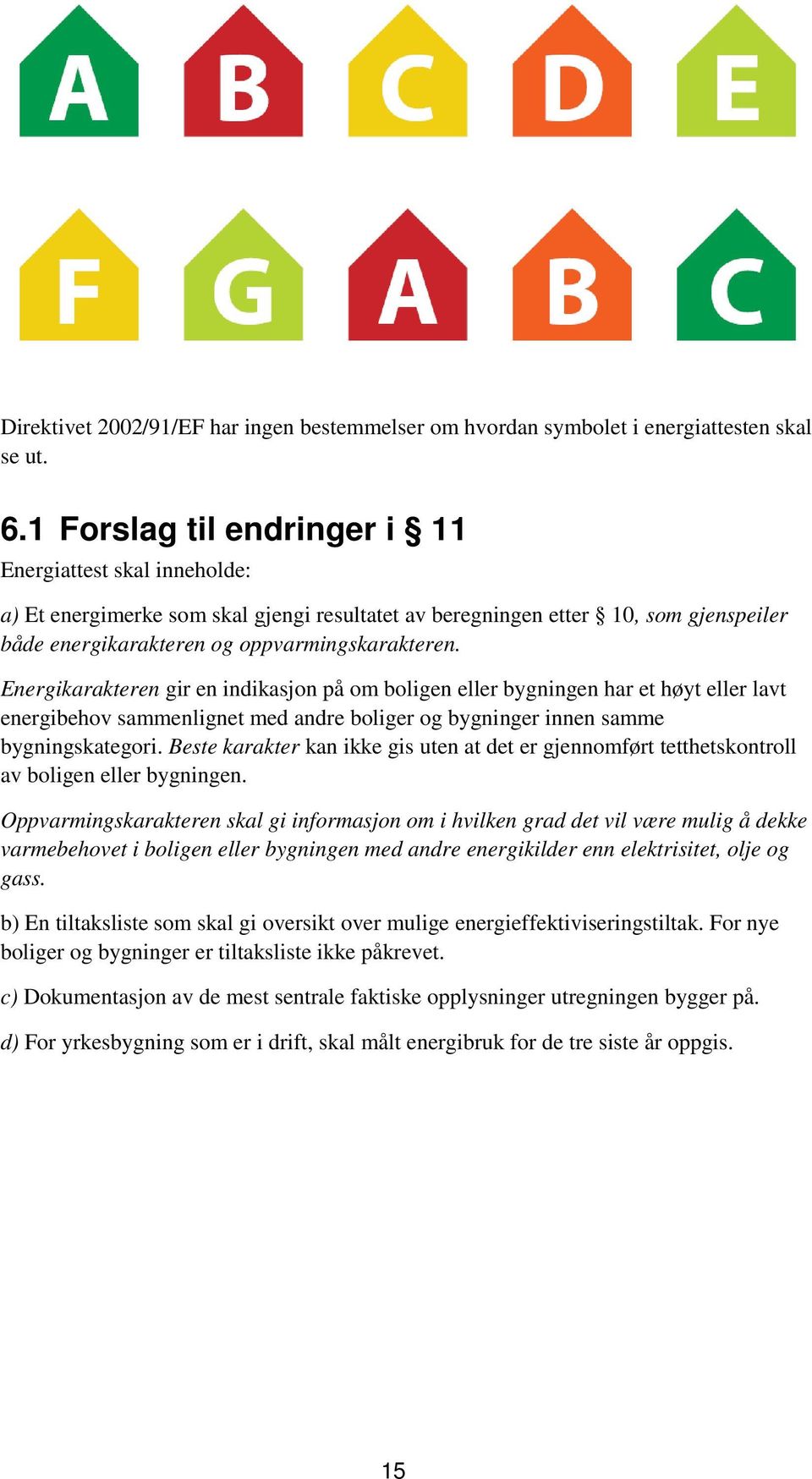 Energikarakteren gir en indikasjon på om boligen eller bygningen har et høyt eller lavt energibehov sammenlignet med andre boliger og bygninger innen samme bygningskategori.