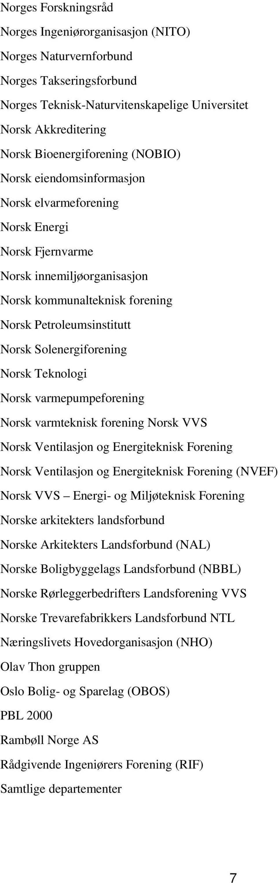 Norsk Teknologi Norsk varmepumpeforening Norsk varmteknisk forening Norsk VVS Norsk Ventilasjon og Energiteknisk Forening Norsk Ventilasjon og Energiteknisk Forening (NVEF) Norsk VVS Energi- og