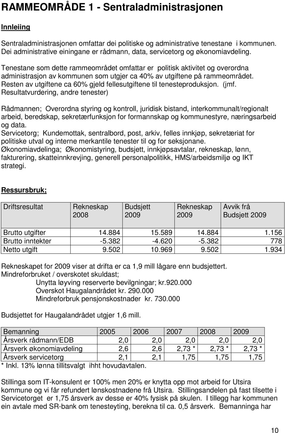 Tenestane som dette rammeområdet omfattar er politisk aktivitet og overordna administrasjon av kommunen som utgjer ca 40% av utgiftene på rammeområdet.