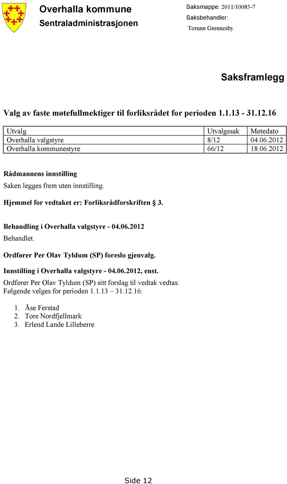 Hjemmel for vedtaket er: Forliksrådforskriften 3. Behandling i Overhalla valgstyre - 04.06.2012 Behandlet. Ordfører Per Olav Tyldum (SP) foreslo gjenvalg.