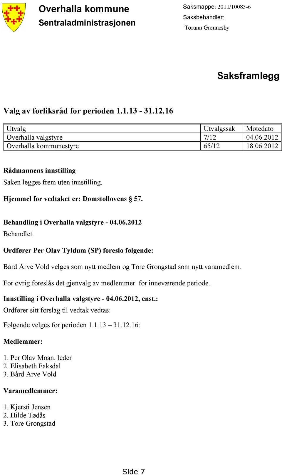 Hjemmel for vedtaket er: Domstollovens 57. Behandling i Overhalla valgstyre - 04.06.2012 Behandlet.