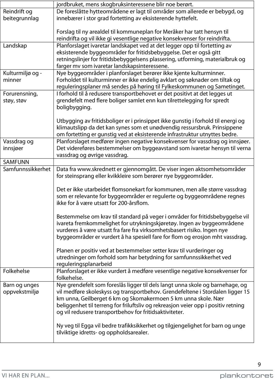 Forslag til ny arealdel til kommuneplan for Meråker har tatt hensyn til reindrifta og vil ikke gi vesentlige negative konsekvenser for reindrifta.