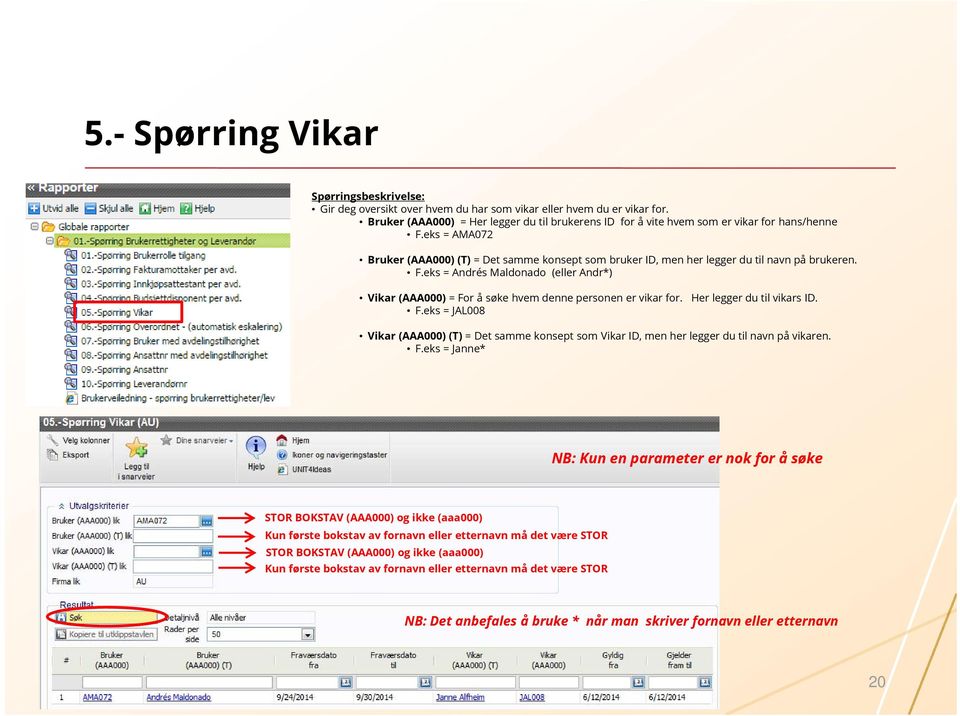 eks = Andrés Maldonado (eller Andr*) Vikar (AAA000) = For å søke hvem denne personen er vikar for. Her legger du til vikars ID. F.eks = JAL008 Vikar (AAA000) (T) = Det samme konsept som Vikar ID, men her legger du til navn på vikaren.