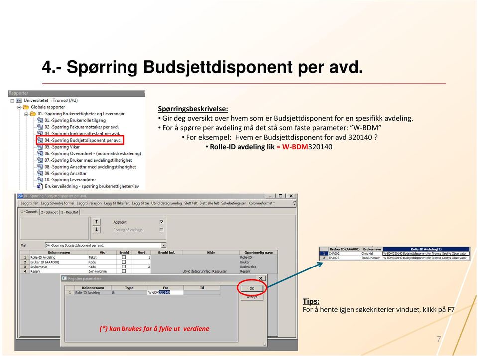 For å spørre per avdeling må det stå som faste parameter: W BDM For eksempel: Hvem