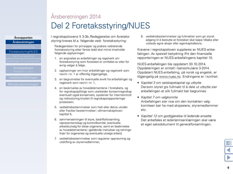 en angivelse av anbefalinger og regelverk om foretaksstyring som foretaket er omfattet av eller for øvrig velger å følge, 2. opplysninger om hvor anbefalinger og regelverk som nevnt i nr.