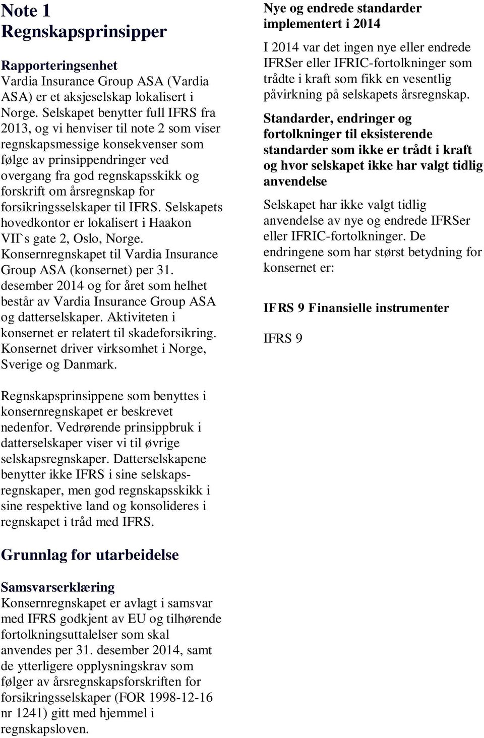 for forsikringsselskaper til IFRS. Selskapets hovedkontor er lokalisert i Haakon VII`s gate 2, Oslo, Norge. Konsernregnskapet til Vardia Insurance Group ASA (konsernet) per 31.