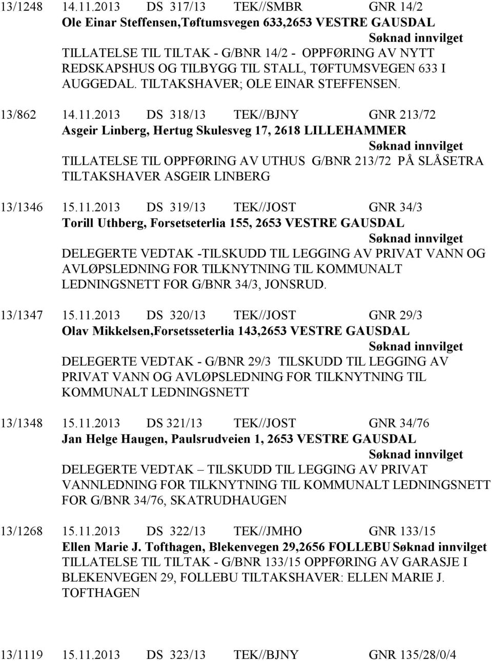 AUGGEDAL. TILTAKSHAVER; OLE EINAR STEFFENSEN. 13/862 14.11.