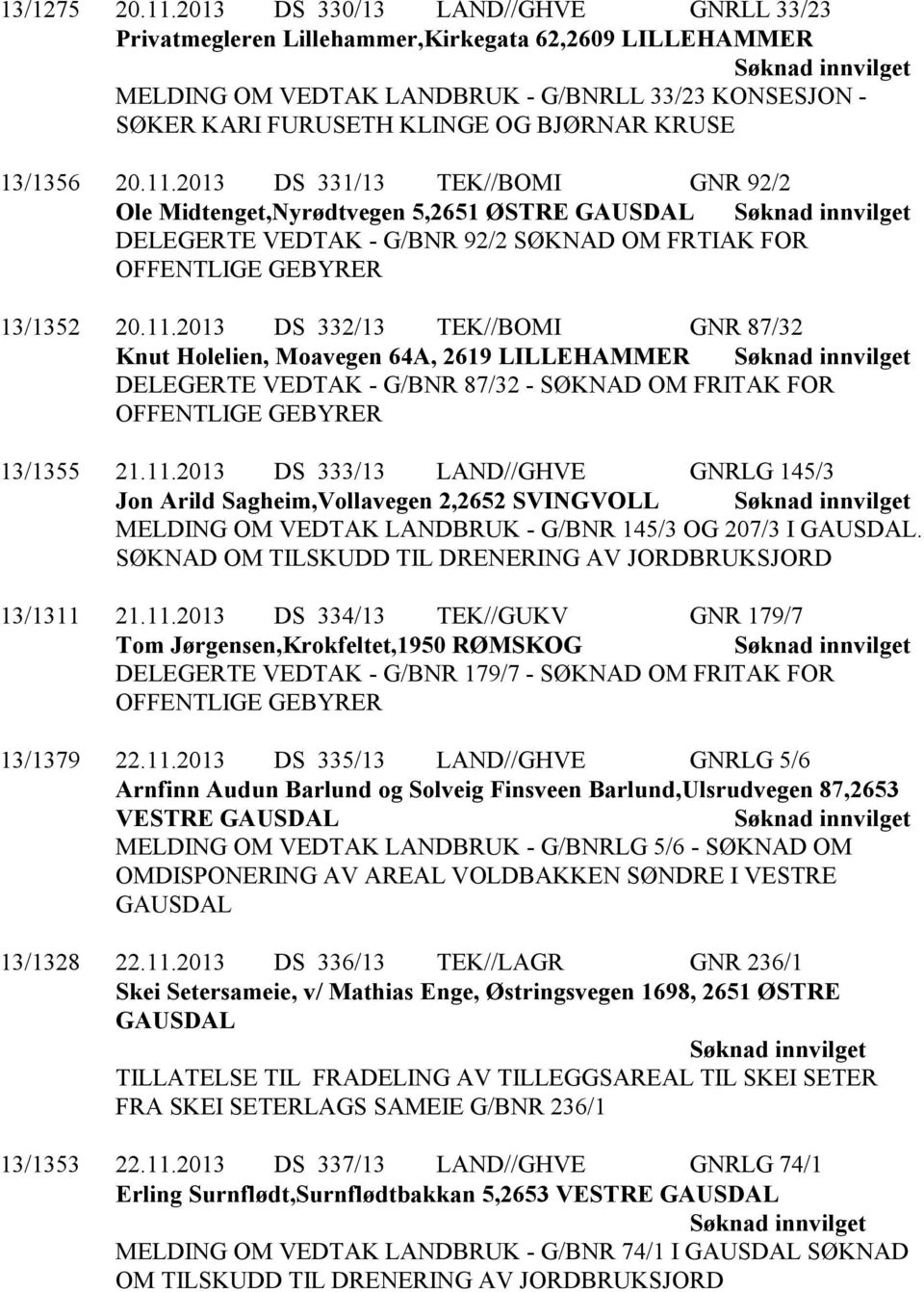 13/1356 20.11.2013 DS 331/13 TEK//BOMI GNR 92/2 Ole Midtenget,Nyrødtvegen 5,2651 ØSTRE DELEGERTE VEDTAK - G/BNR 92/2 SØKNAD OM FRTIAK FOR OFFENTLIGE GEBYRER 13/1352 20.11.2013 DS 332/13 TEK//BOMI GNR 87/32 Knut Holelien, Moavegen 64A, 2619 LILLEHAMMER DELEGERTE VEDTAK - G/BNR 87/32 - SØKNAD OM FRITAK FOR OFFENTLIGE GEBYRER 13/1355 21.