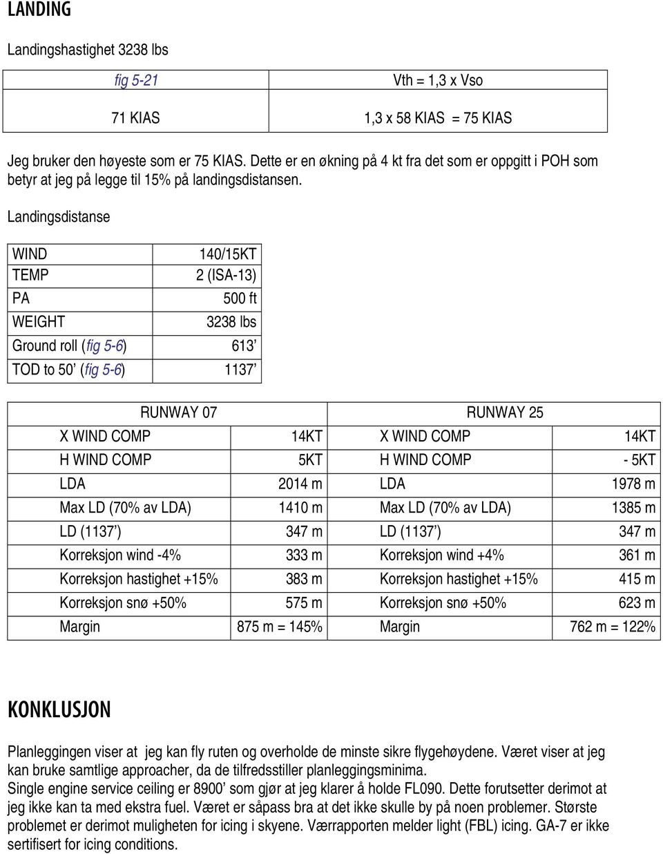 Landingsdistanse WIND TEMP PA WEIGHT 140/15KT 2 (ISA13) 500 ft 3238 lbs Ground roll (fig 56) 613 TOD to 50 (fig 56) 1137 RUNWAY 07 RUNWAY 25 X WIND COMP 14KT X WIND COMP 14KT H WIND COMP 5KT H WIND