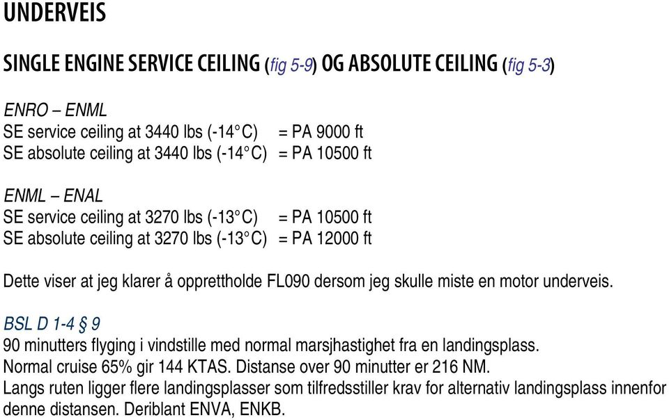 FL090 dersom jeg skulle miste en motor underveis. BSL D 14 9 90 minutters flyging i vindstille med normal marsjhastighet fra en landingsplass. Normal cruise 65% gir 144 KTAS.