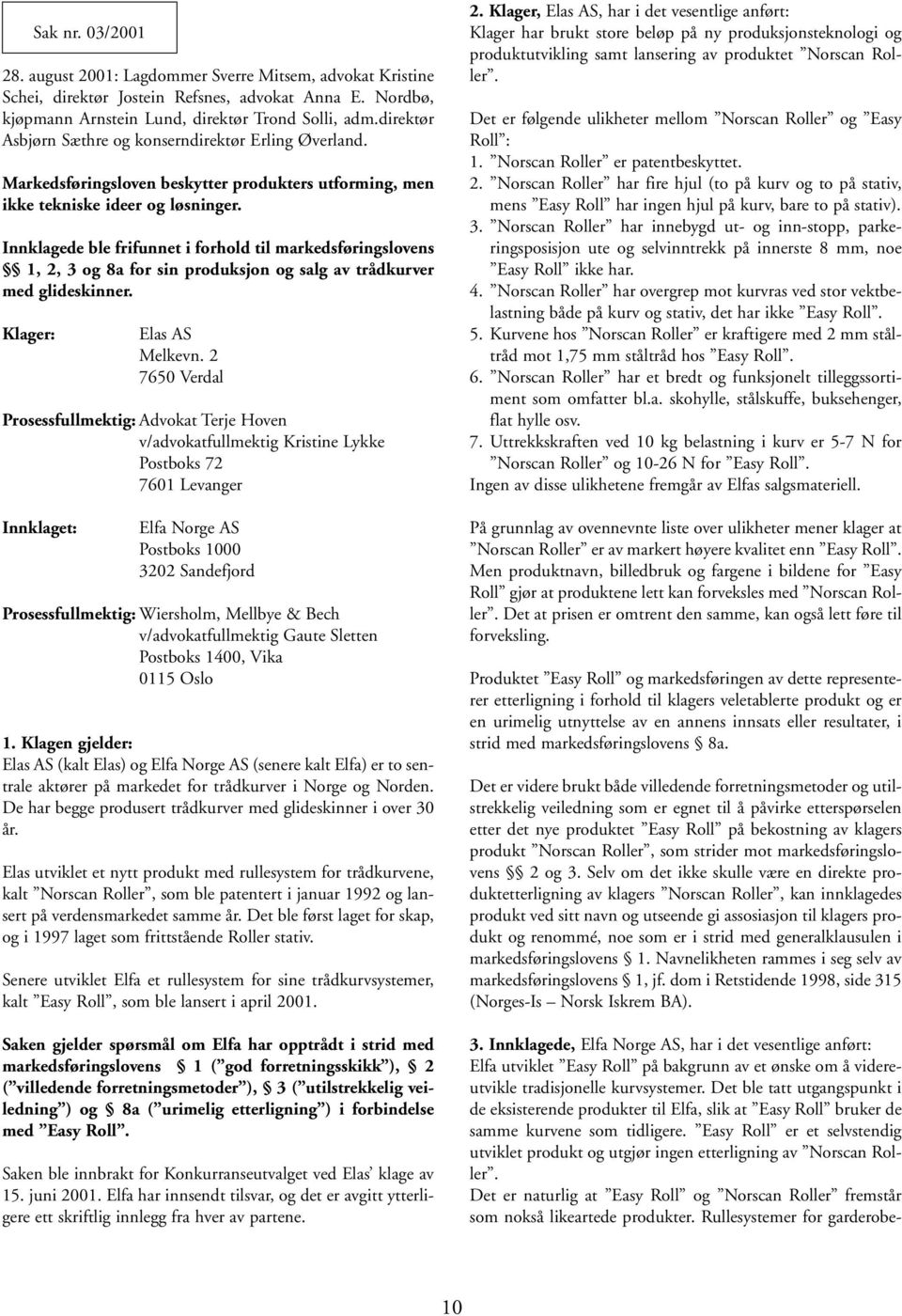 Innklagede ble frifunnet i forhold til markedsføringslovens 1, 2, 3 og 8a for sin produksjon og salg av trådkurver med glideskinner. Klager: Sak nr. 03/2001 Elas AS Melkevn.