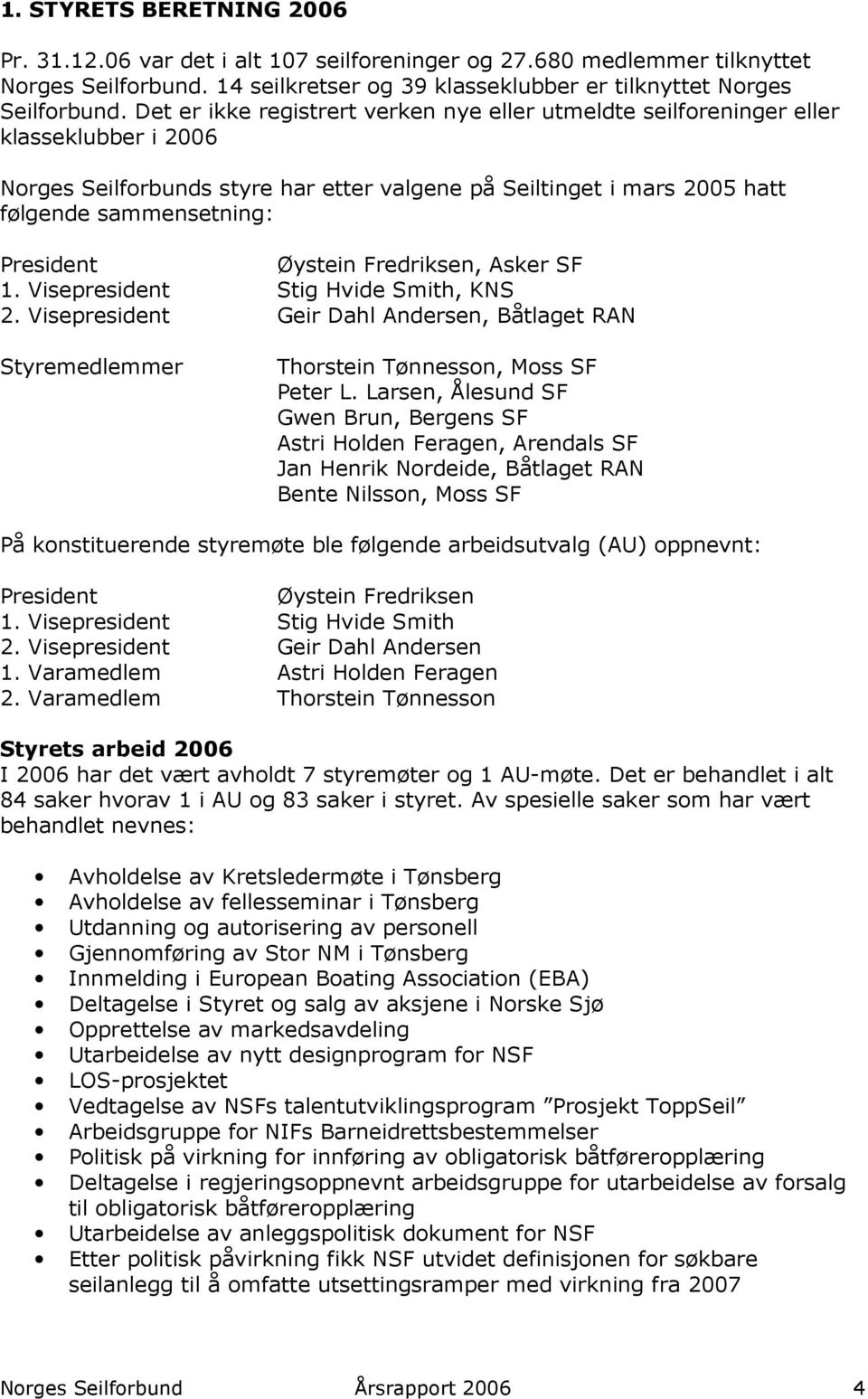 Øystein Fredriksen, Asker SF 1. Visepresident Stig Hvide Smith, KNS 2. Visepresident Geir Dahl Andersen, Båtlaget RAN Styremedlemmer Thorstein Tønnesson, Moss SF Peter L.